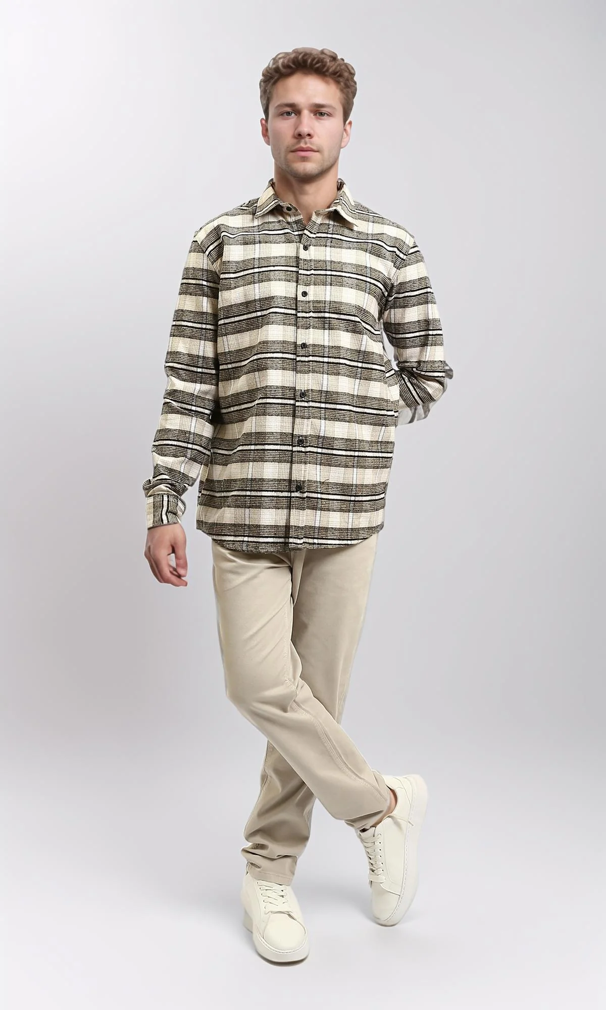 R215009 - Buttons Down Checkered Long Sleeve Shirt - Beige & Black - Image 6