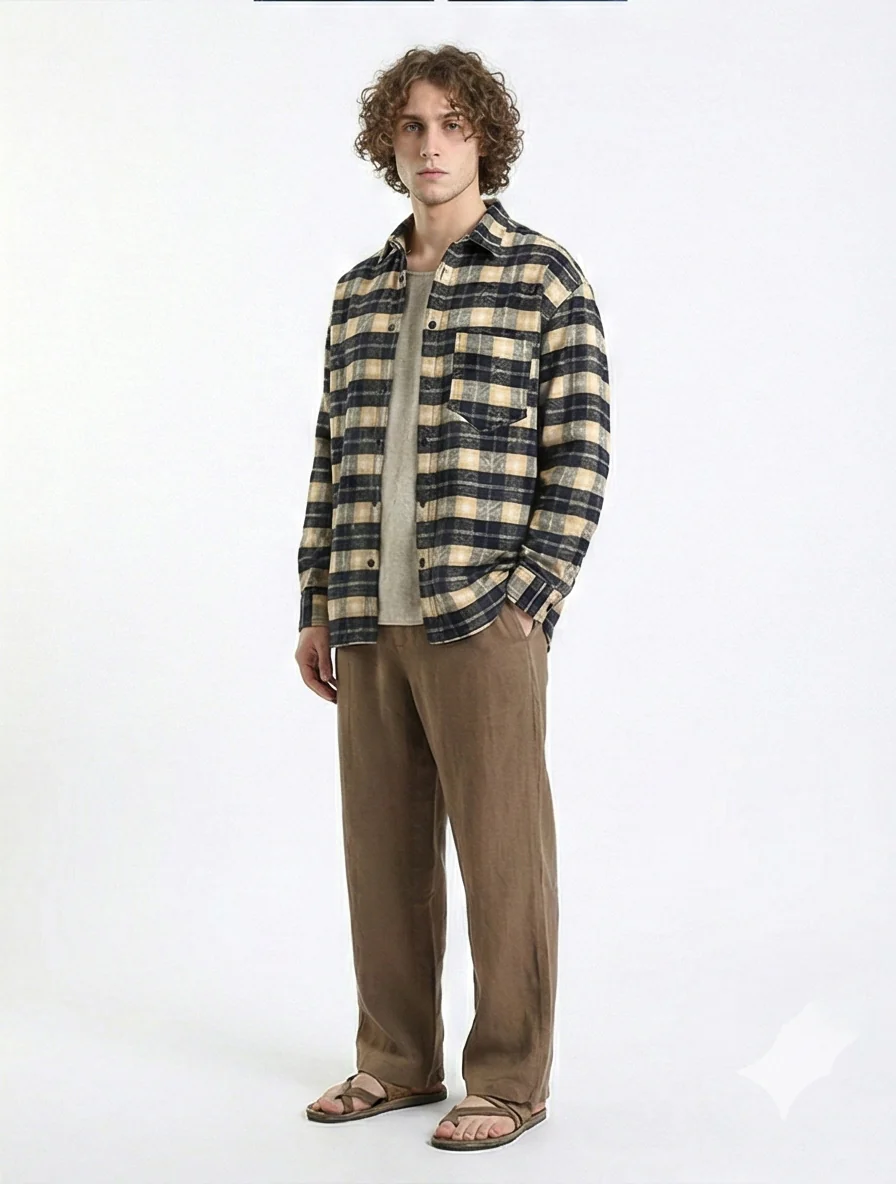 R215013 - Plaid Winter Shirt with Front Pocket - Beige & Black - Image 4