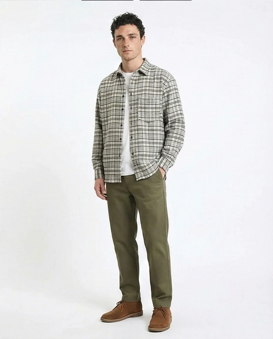 R215014 - Plaid Winter Shirt with Front Pocket - Light Grey & Beige - Image 4