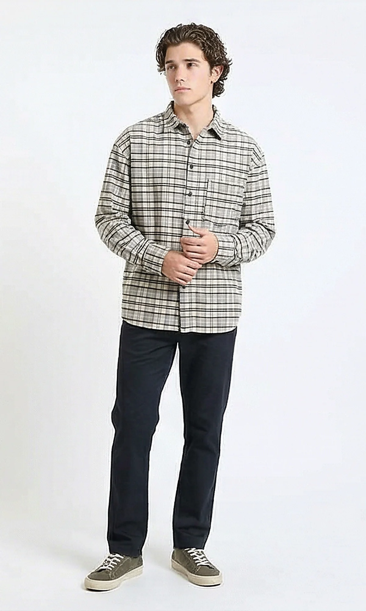 R215014 - Plaid Winter Shirt with Front Pocket - Light Grey & Beige - Image 5