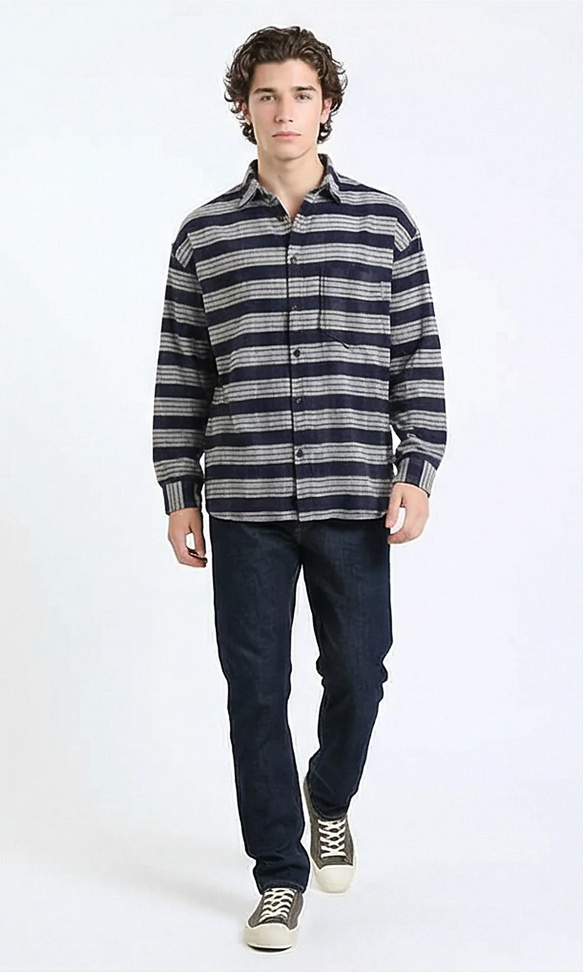 R215015 - Plaid Winter Shirt with Front Pocket - Light Grey & Navy Blue - Image 3