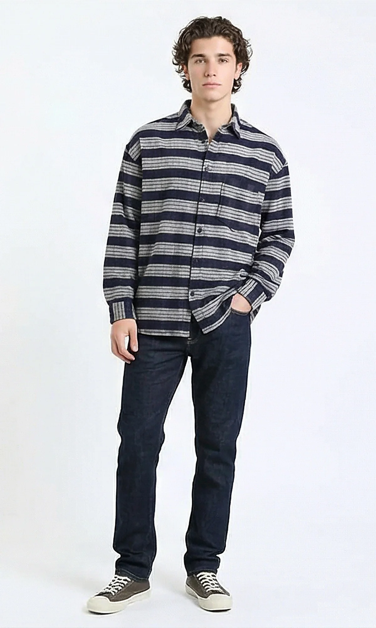 R215015 - Plaid Winter Shirt with Front Pocket - Light Grey & Navy Blue - Image 4