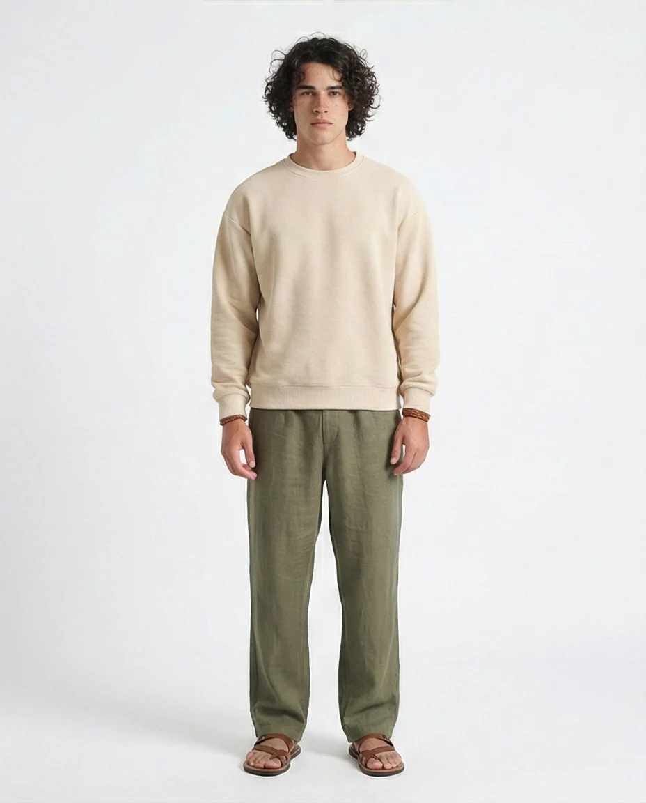 R215076 - Ribbed Diagonal Crew Neck Sweatshirt - Beige - Image 3