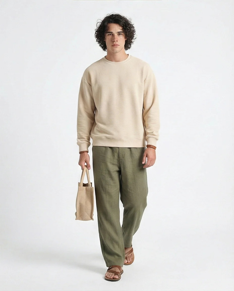 R215076 - Ribbed Diagonal Crew Neck Sweatshirt - Beige - Image 4