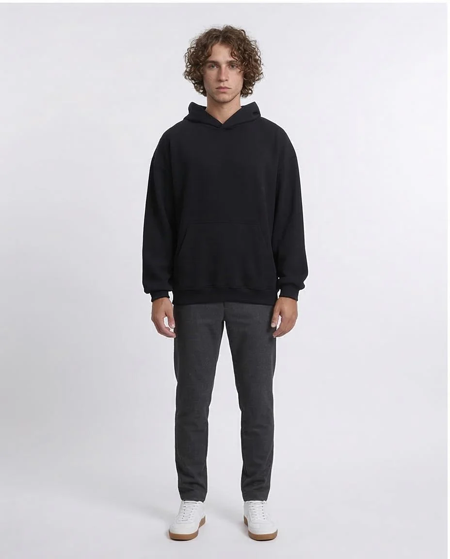 R215236 - Ribbed Hoodie with Kangaroo Pocket - Black - Image 3