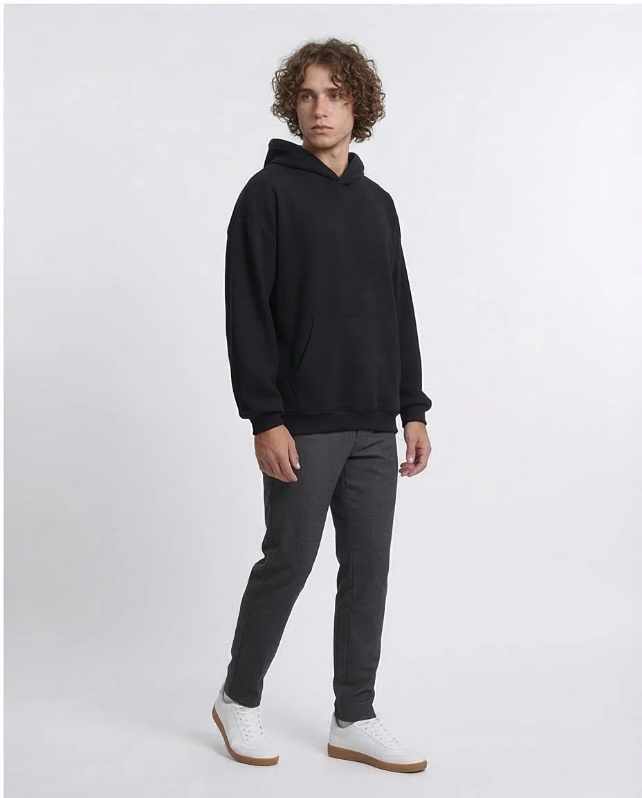 R215236 - Ribbed Hoodie with Kangaroo Pocket - Black - Image 5