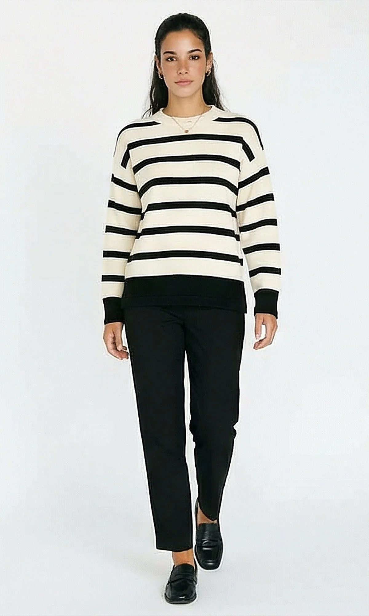 R215282 - Slip On Long Sleeves Striped Pullover - Off-White & Black - Image 3