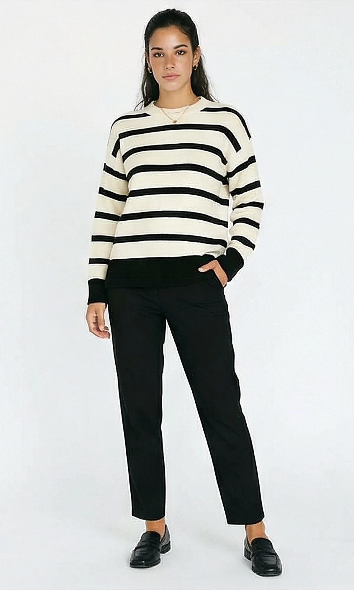 R215282 - Slip On Long Sleeves Striped Pullover - Off-White & Black - Image 4