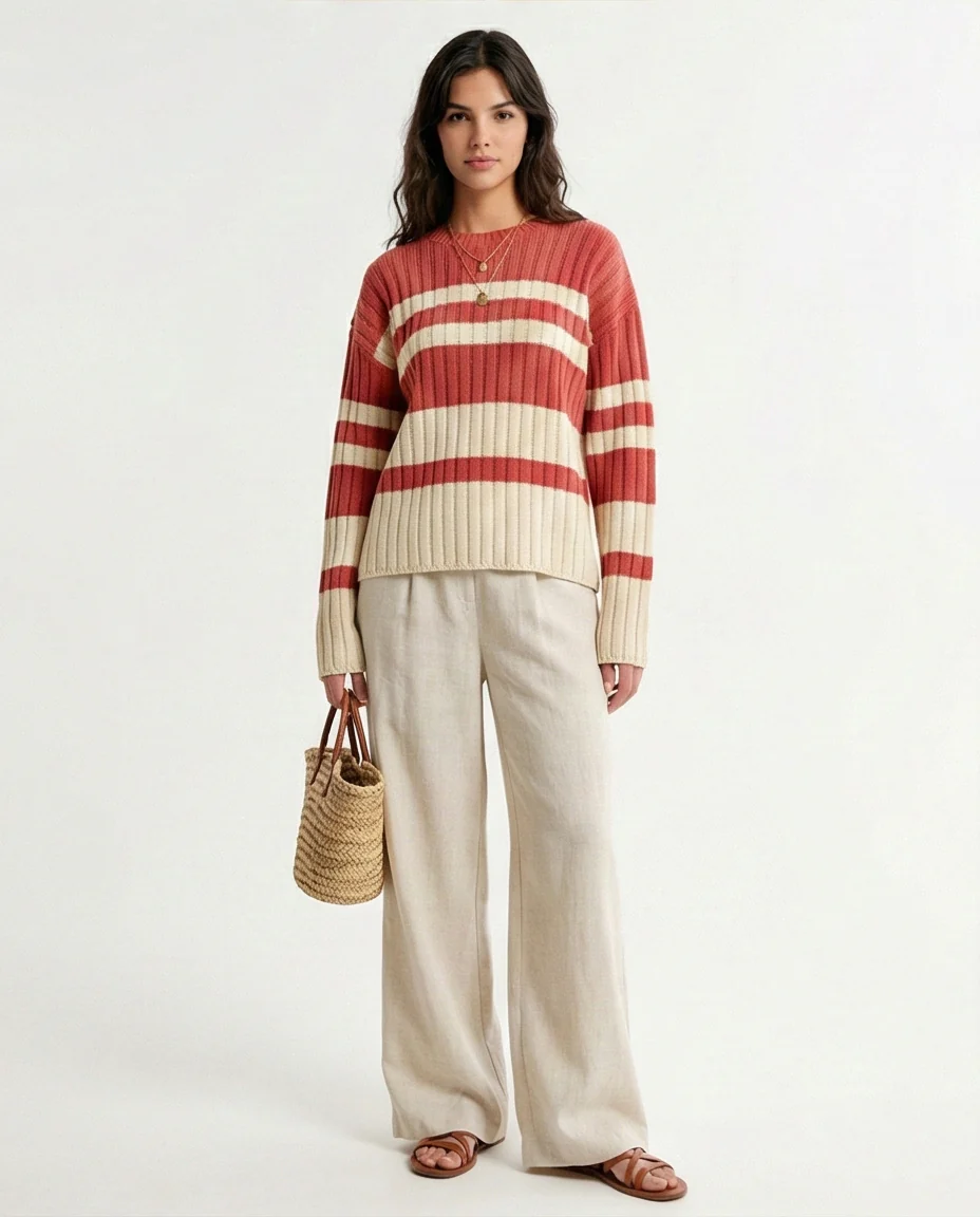 R215287 - Ribbed Crew Neck Striped Pullover - Watermelon & White - Image 3