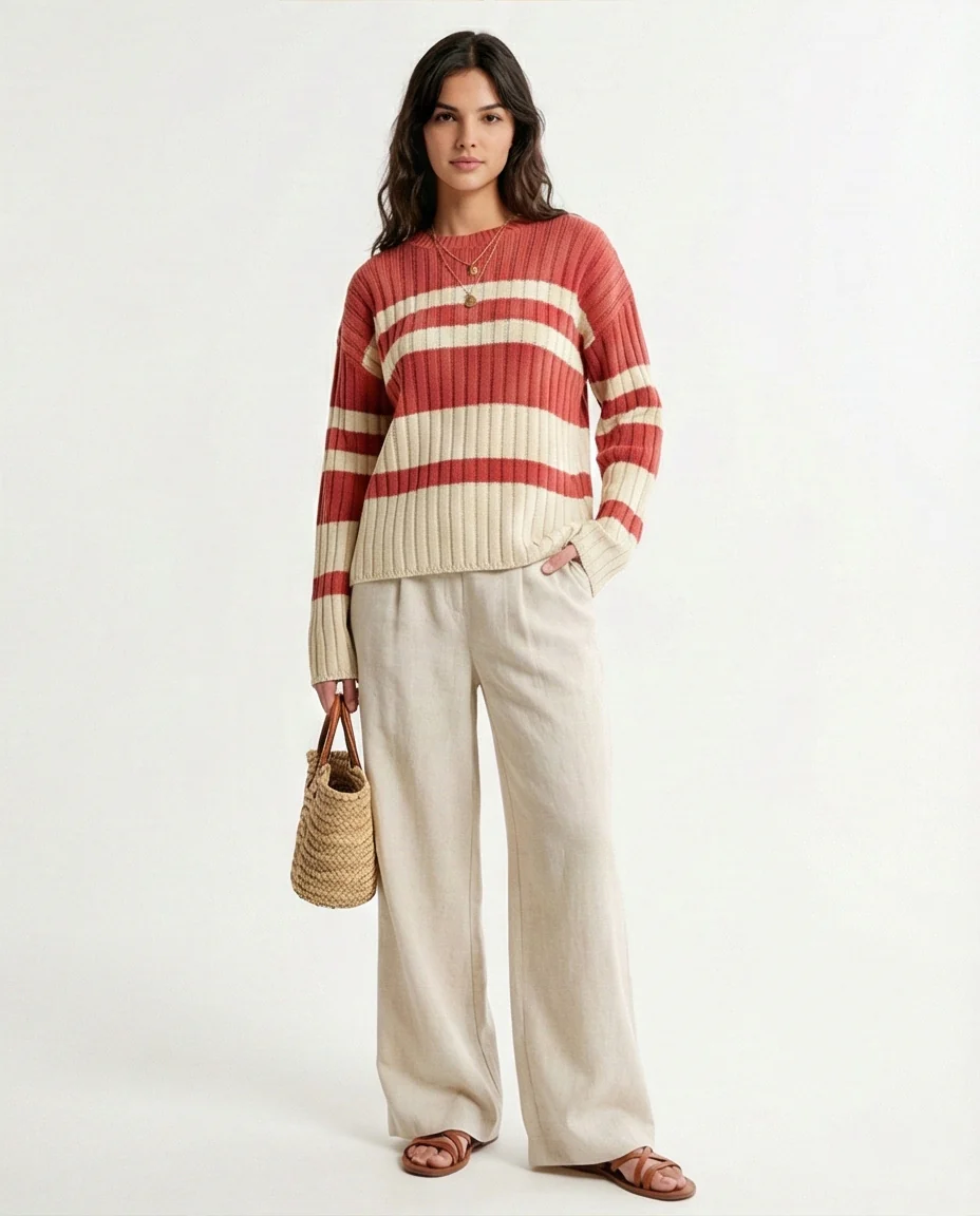 R215287 - Ribbed Crew Neck Striped Pullover - Watermelon & White - Image 4