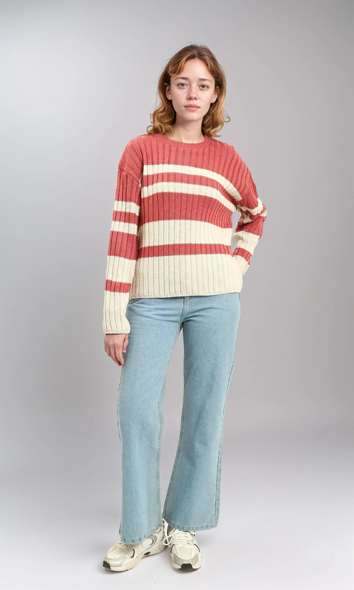 R215287 - Ribbed Crew Neck Striped Pullover - Watermelon & White - Image 5