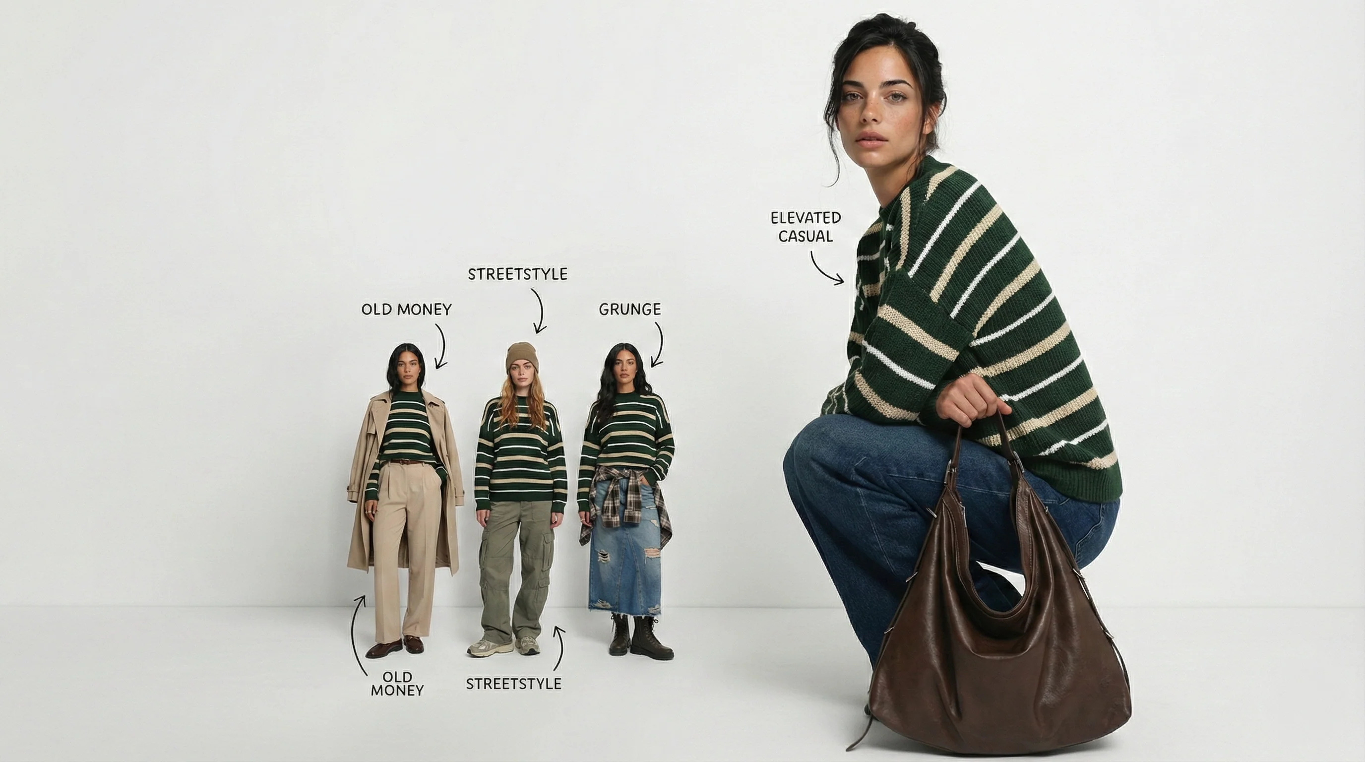R215288 - Tri-Tone Striped Winter Pullover - Dark Green, White & Beige - Image 6