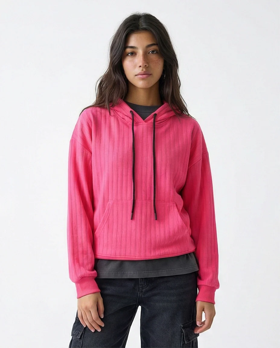 R215296 - Regular Fit Striped Casual Hoodie - Hot Fuchsia