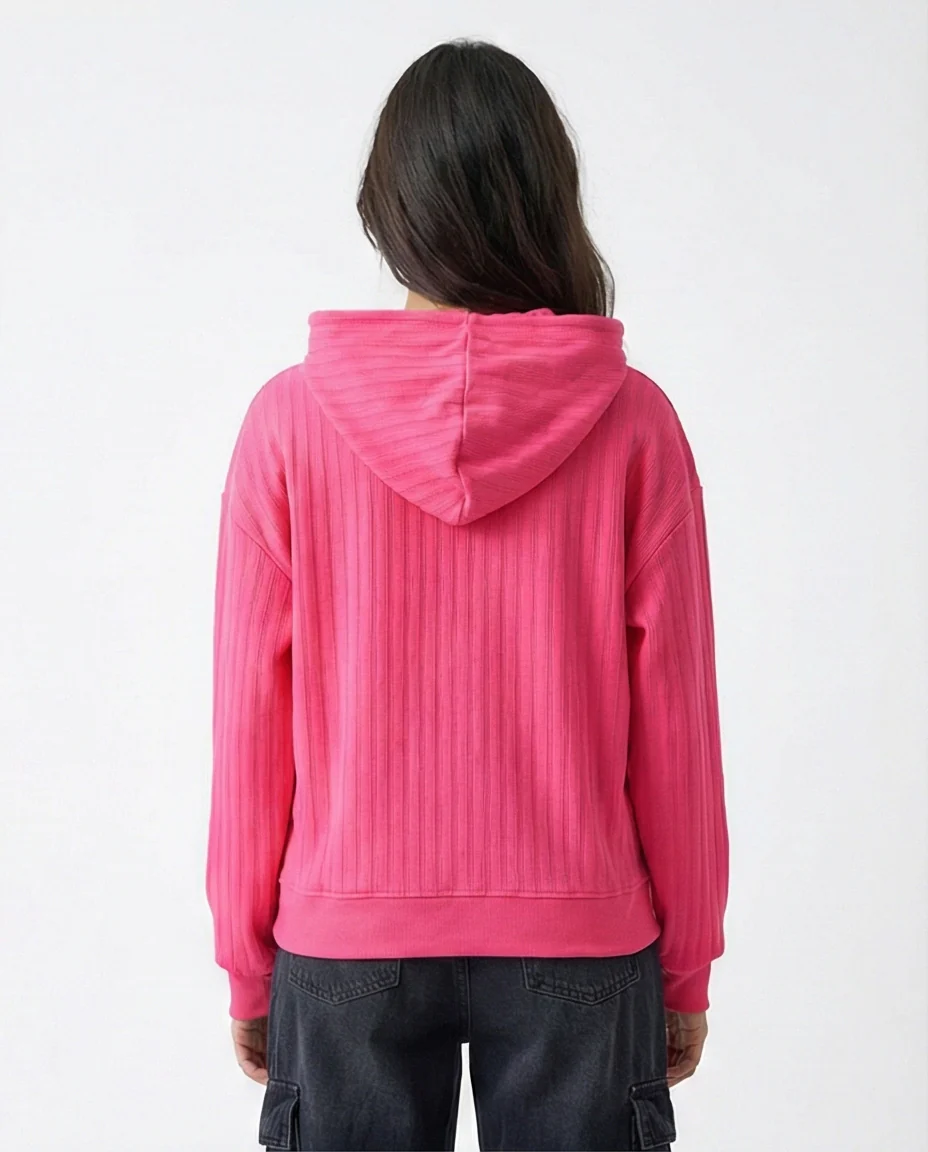 R215296 - Regular Fit Striped Casual Hoodie - Hot Fuchsia - Image 2