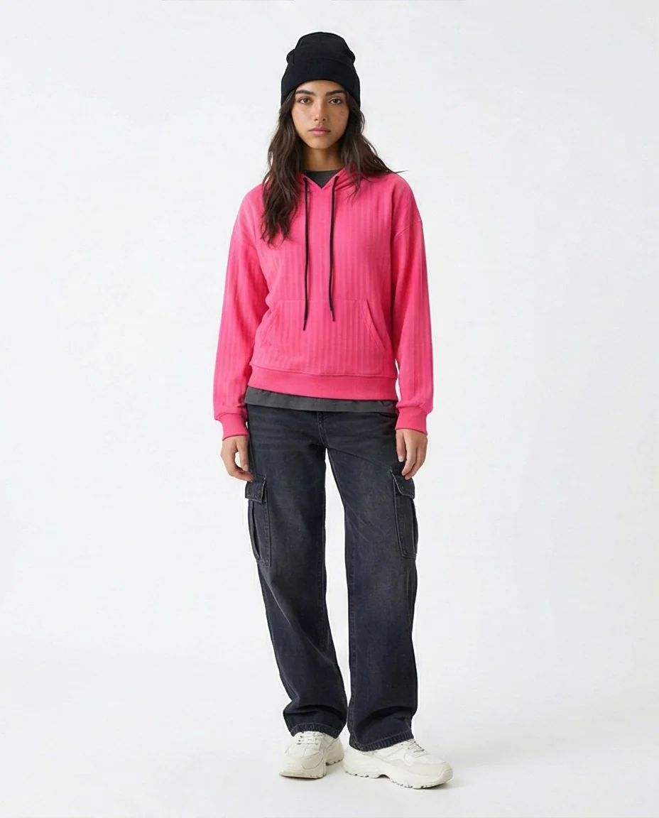 R215296 - Regular Fit Striped Casual Hoodie - Hot Fuchsia - Image 4