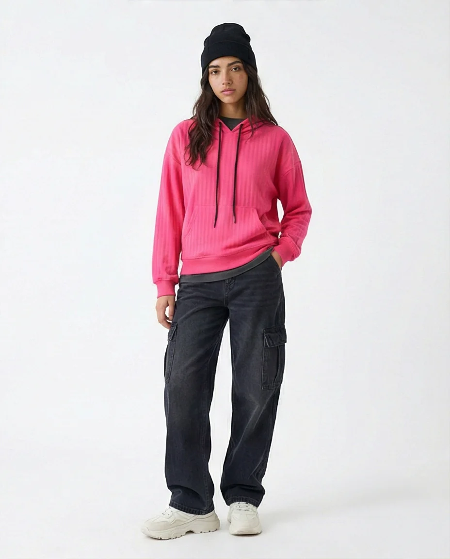 R215296 - Regular Fit Striped Casual Hoodie - Hot Fuchsia - Image 5