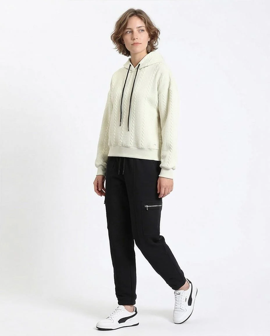Ravin Unisex Oversized Cable-Knit Textured Hoodie with Contrast Drawstrings - Cream - R215298 - Image 5