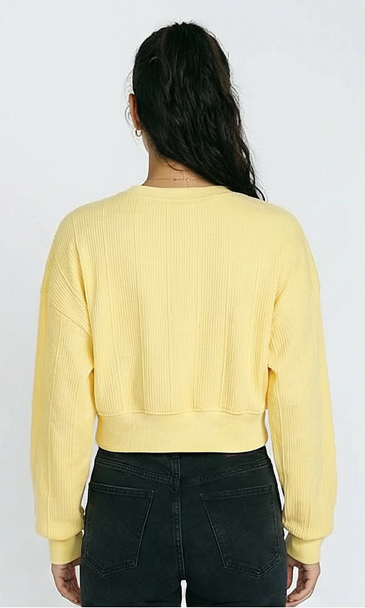 R215299 - Casual Self Striped Cropped Sweatshirt - Yellow - Image 2