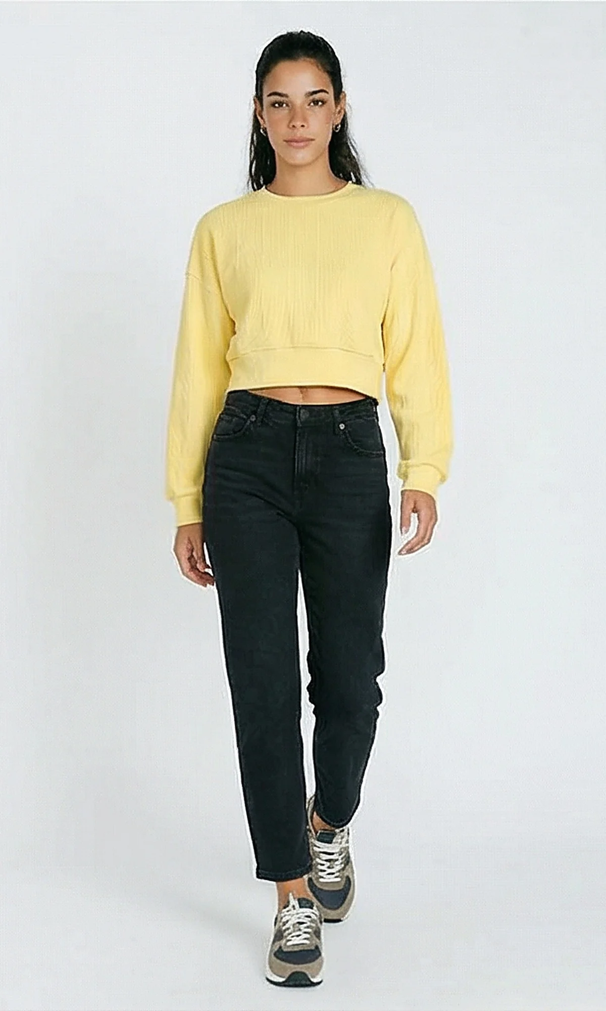 R215299 - Casual Self Striped Cropped Sweatshirt - Yellow - Image 3