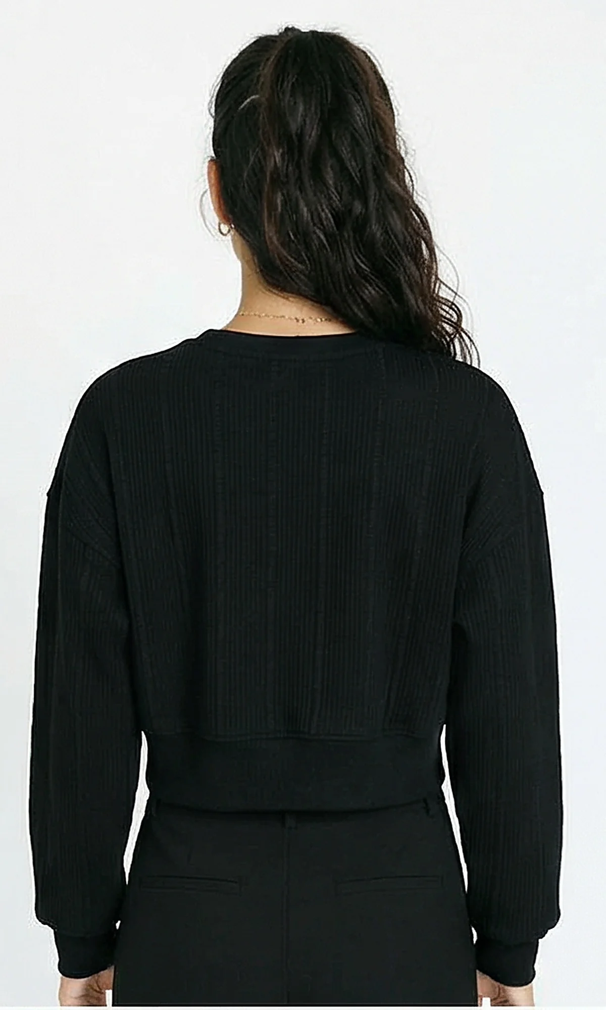 R215300 - Casual Self Striped Cropped Sweatshirt - Black - Image 2