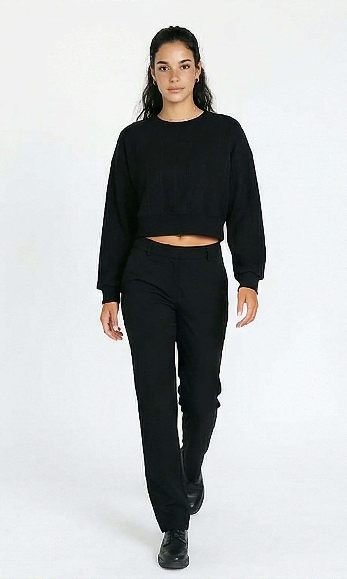 R215300 - Casual Self Striped Cropped Sweatshirt - Black - Image 3