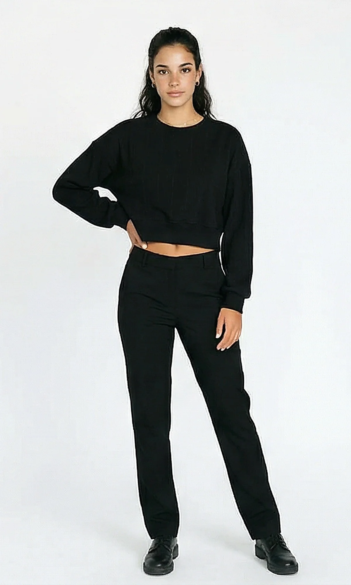 R215300 - Casual Self Striped Cropped Sweatshirt - Black - Image 4