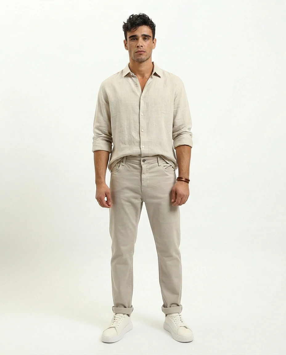 R215304 - Solid Slim Fit Comfy Chino Pants - Light Khaki - Image 3
