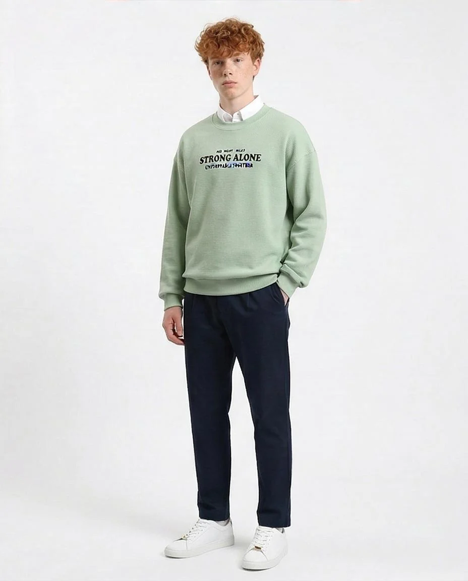Ravin Men’s "Strong Alone" Waffle Knit Graphic Sweatshirt Embroidery - Mint - R215317 - Image 5