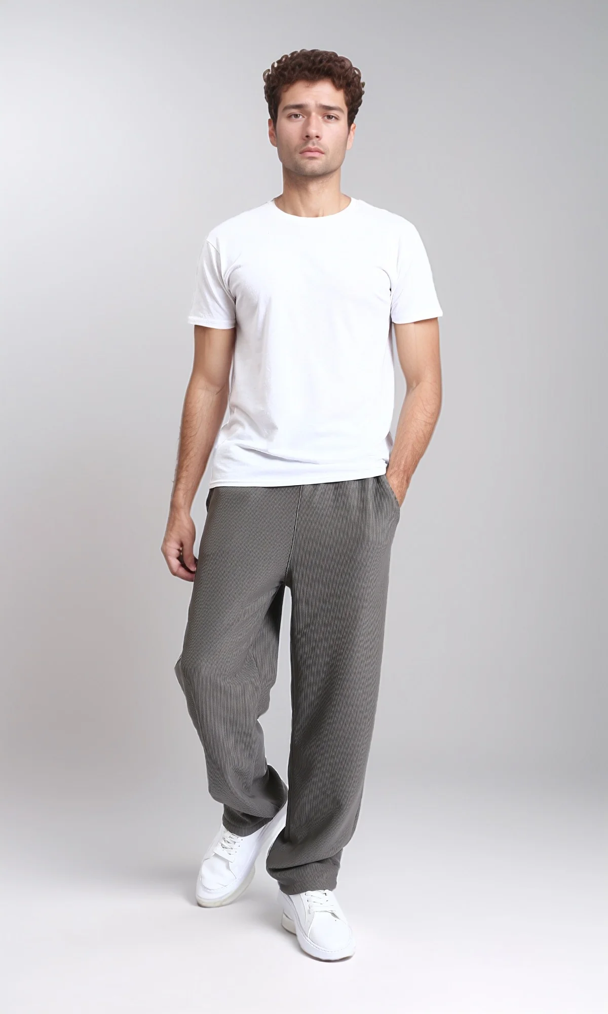 R215318 - Slip On Ribbed Drawstring Pants - Medium Grey - Image 4