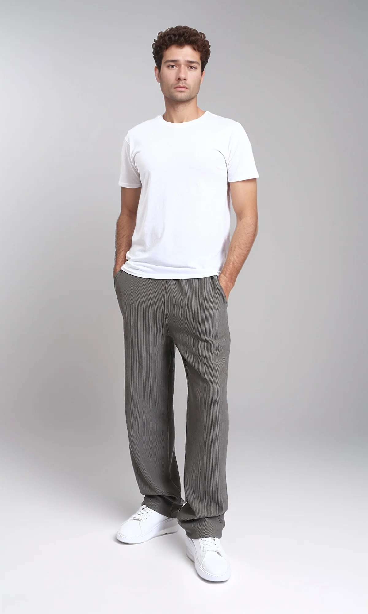 R215318 - Slip On Ribbed Drawstring Pants - Medium Grey - Image 5