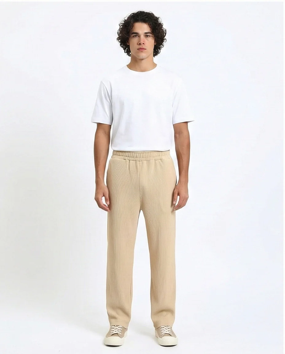 R215335 - Elastic Waist Comfy Ribbed Pants - Beige - Image 3
