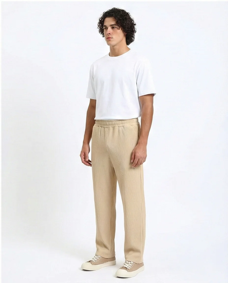 R215335 - Elastic Waist Comfy Ribbed Pants - Beige - Image 4