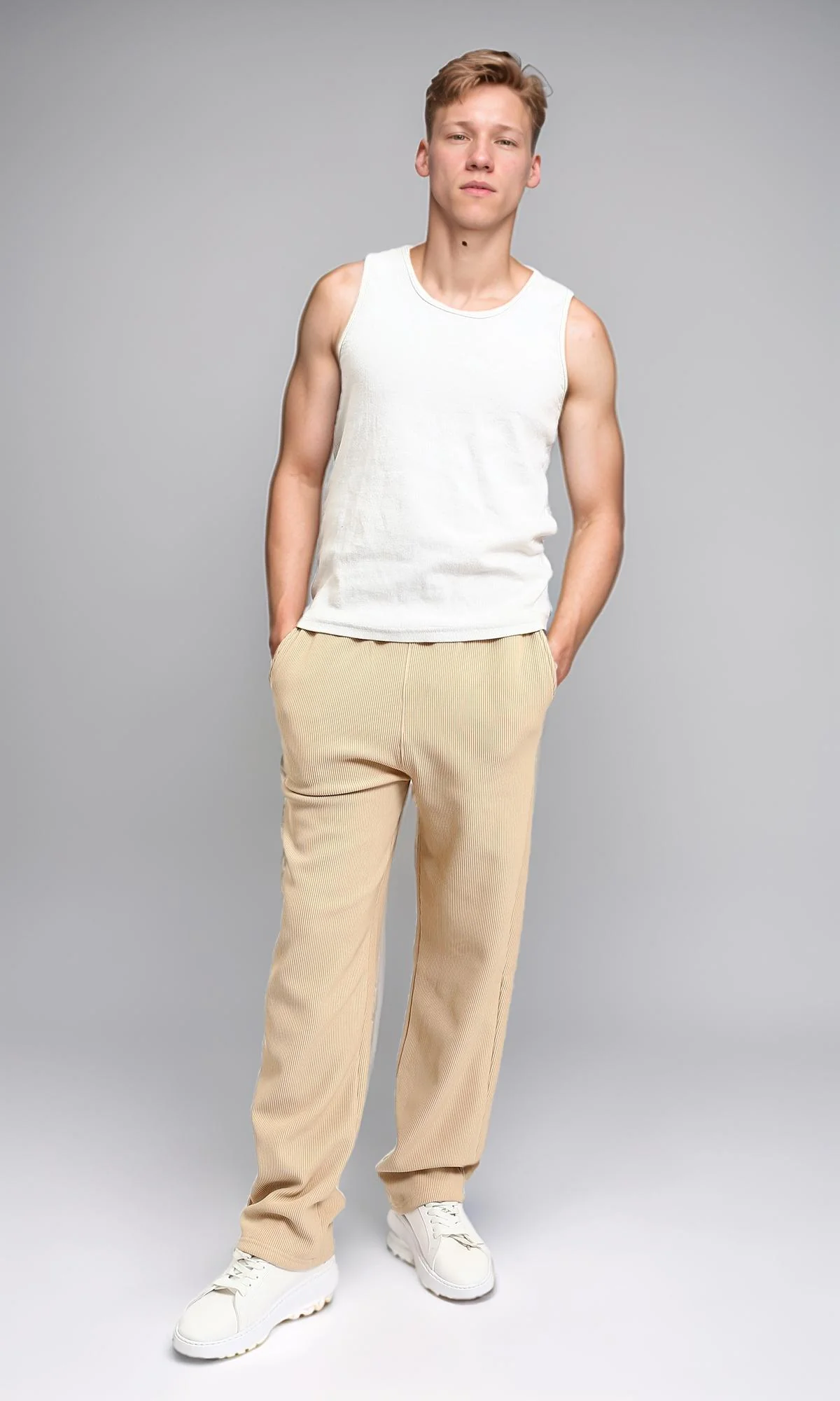 R215335 - Elastic Waist Comfy Ribbed Pants - Beige - Image 5