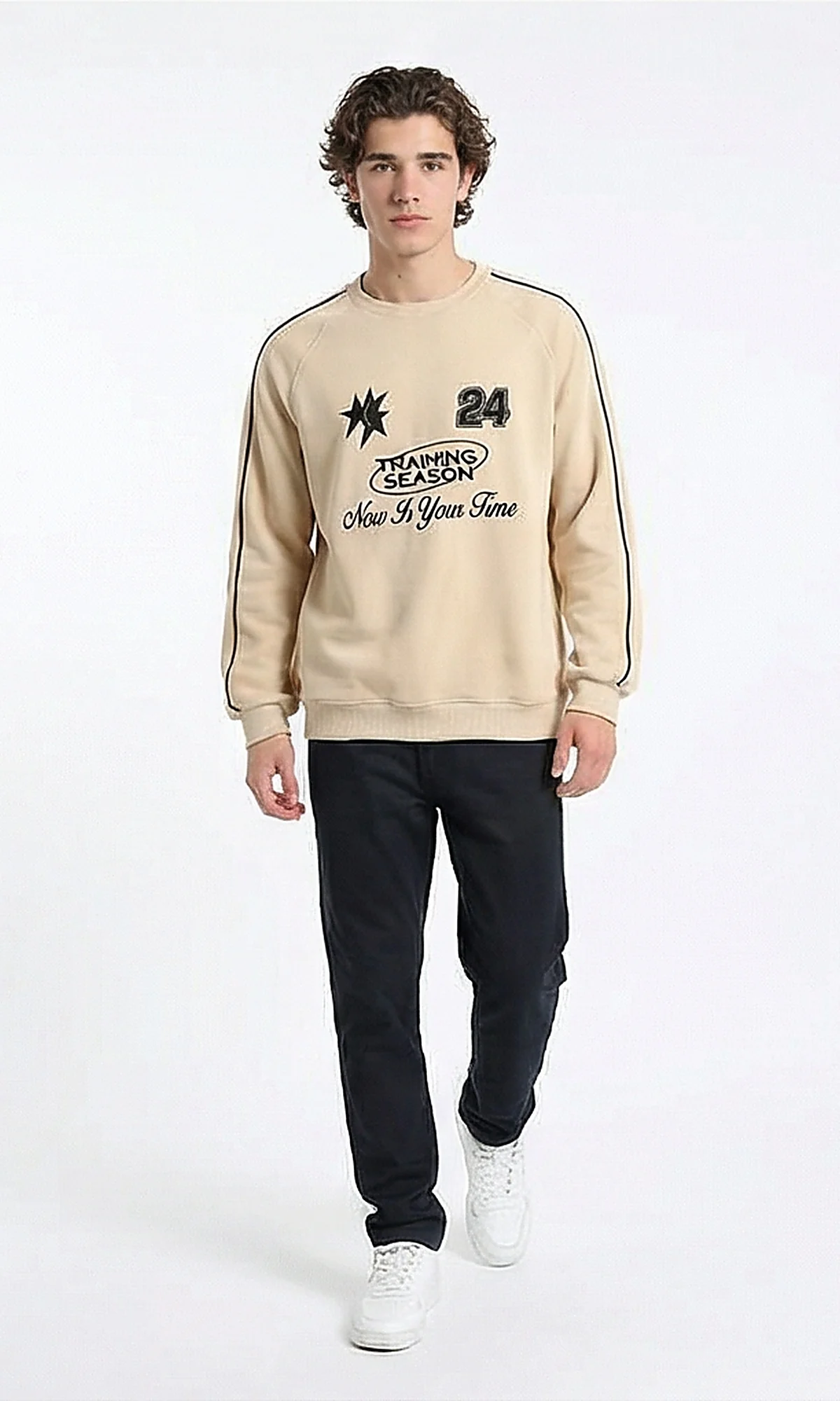 R215545 - Ribbed Crew Neck Stitched Sweatshirt - Light Beige - Image 3