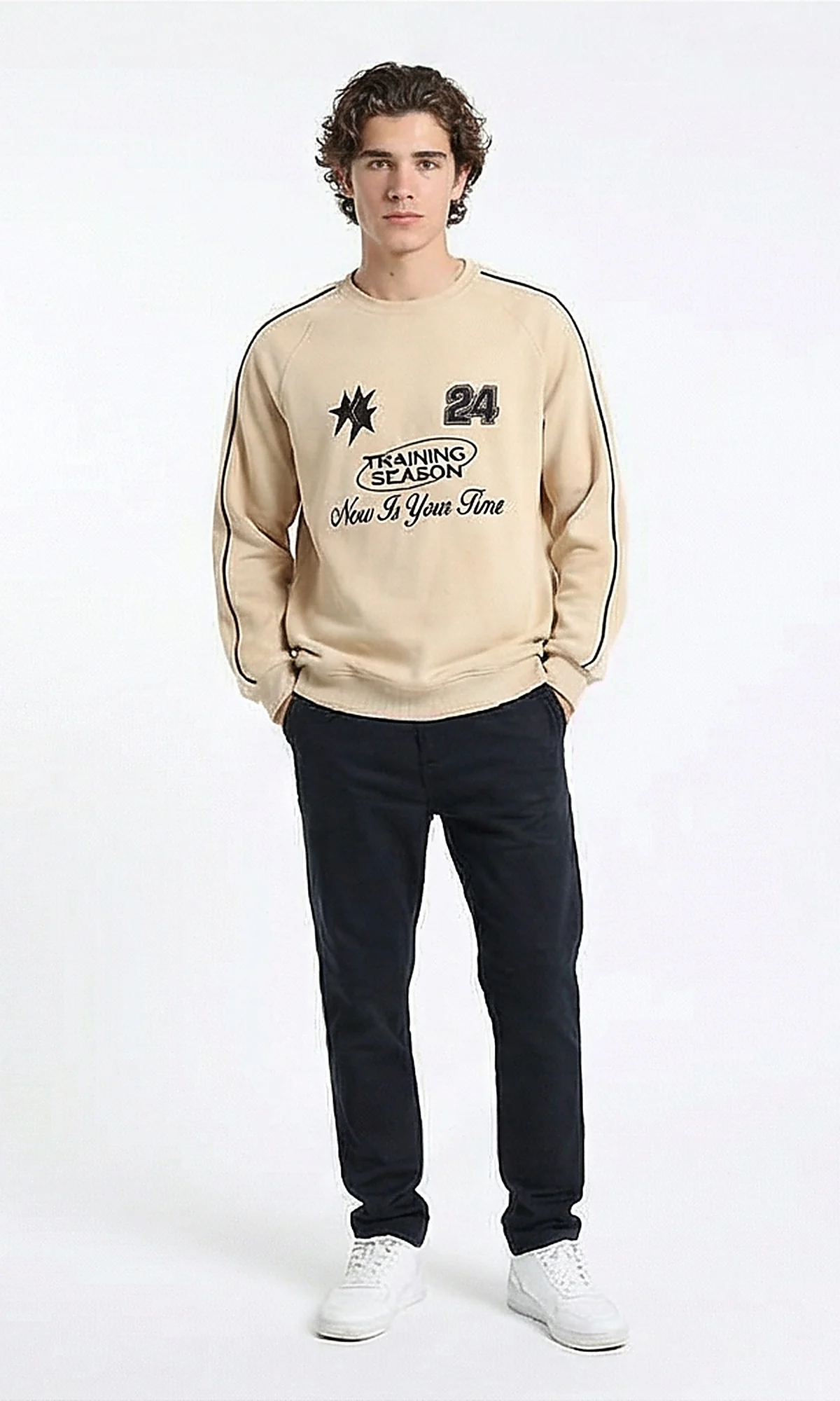 R215545 - Ribbed Crew Neck Stitched Sweatshirt - Light Beige - Image 4