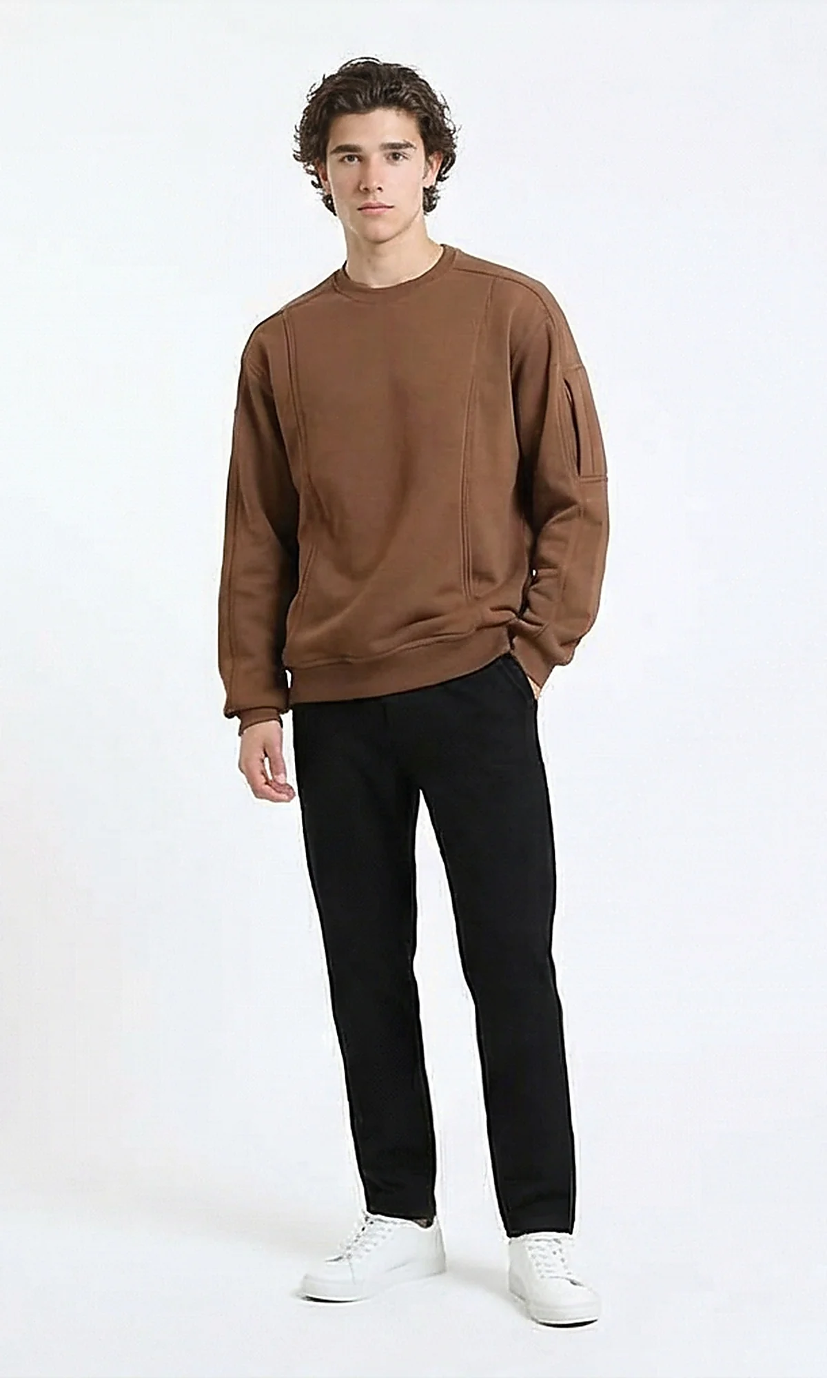 R215546 - Slip On Comfy Sweatshirt with Sleeve Pocket - Brown - Image 4
