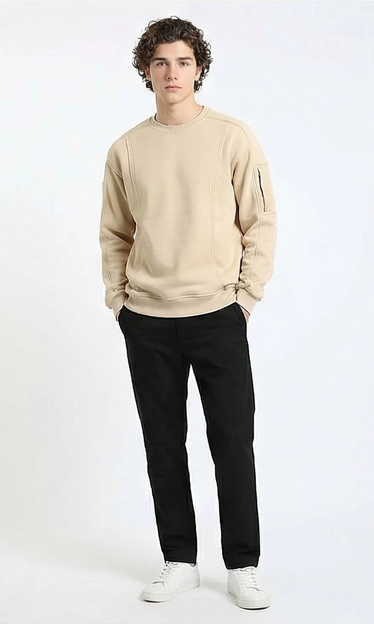 R215547 - Slip On Comfy Sweatshirt with Sleeve Pocket - Light Beige - Image 4