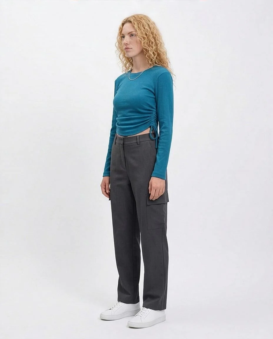 R215793 - Long Sleeves Ribbed Top with Drawstring - Blue - Image 5