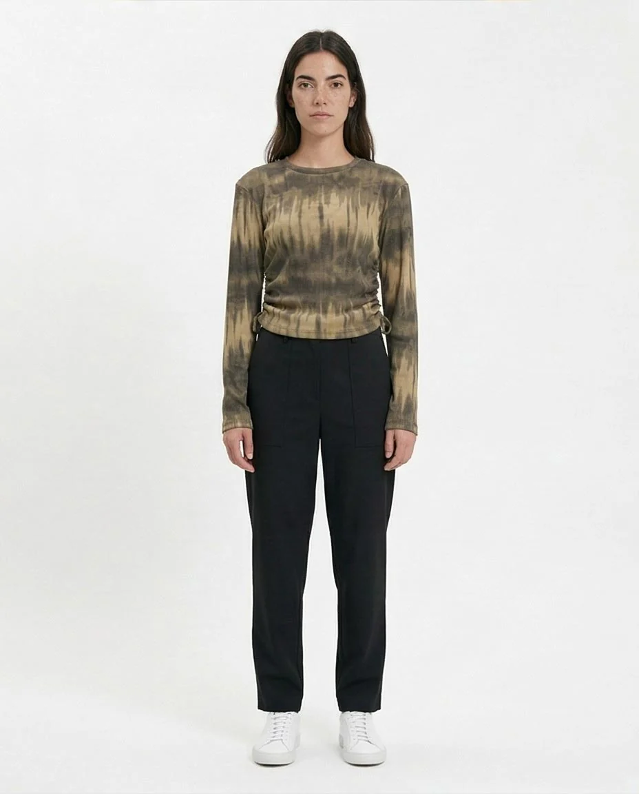 R215798 - Tie-Dye Long Sleeves Top with Drawstring - Beige & Dark Grey - Image 4
