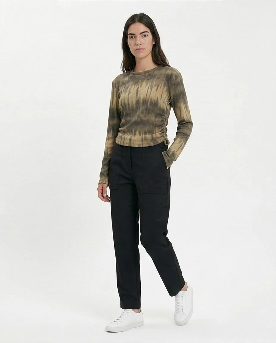 R215798 - Tie-Dye Long Sleeves Top with Drawstring - Beige & Dark Grey - Image 5