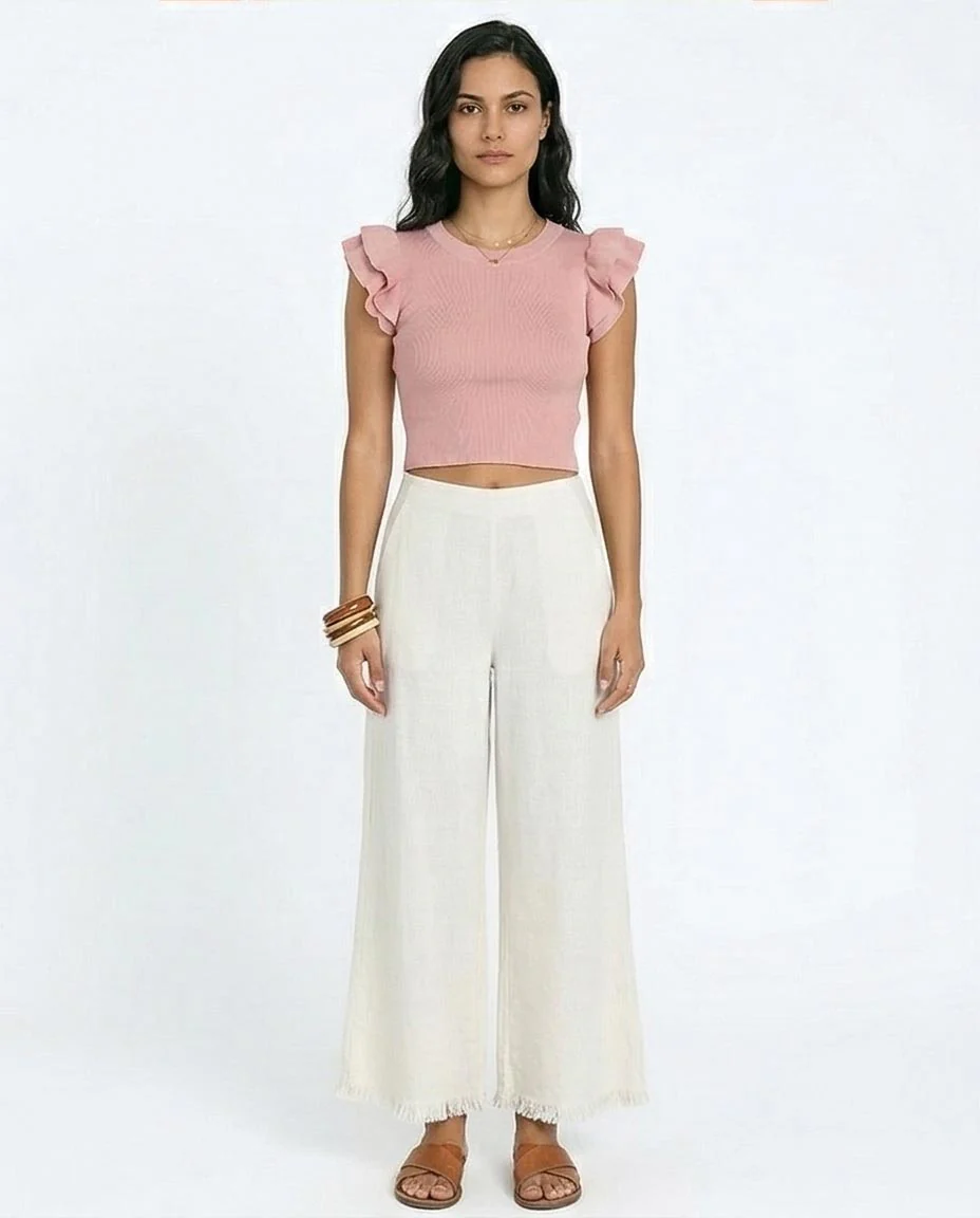 Ruffled Sleeves Crew Neck Top - Dusty Rose - R215800 - Image 3