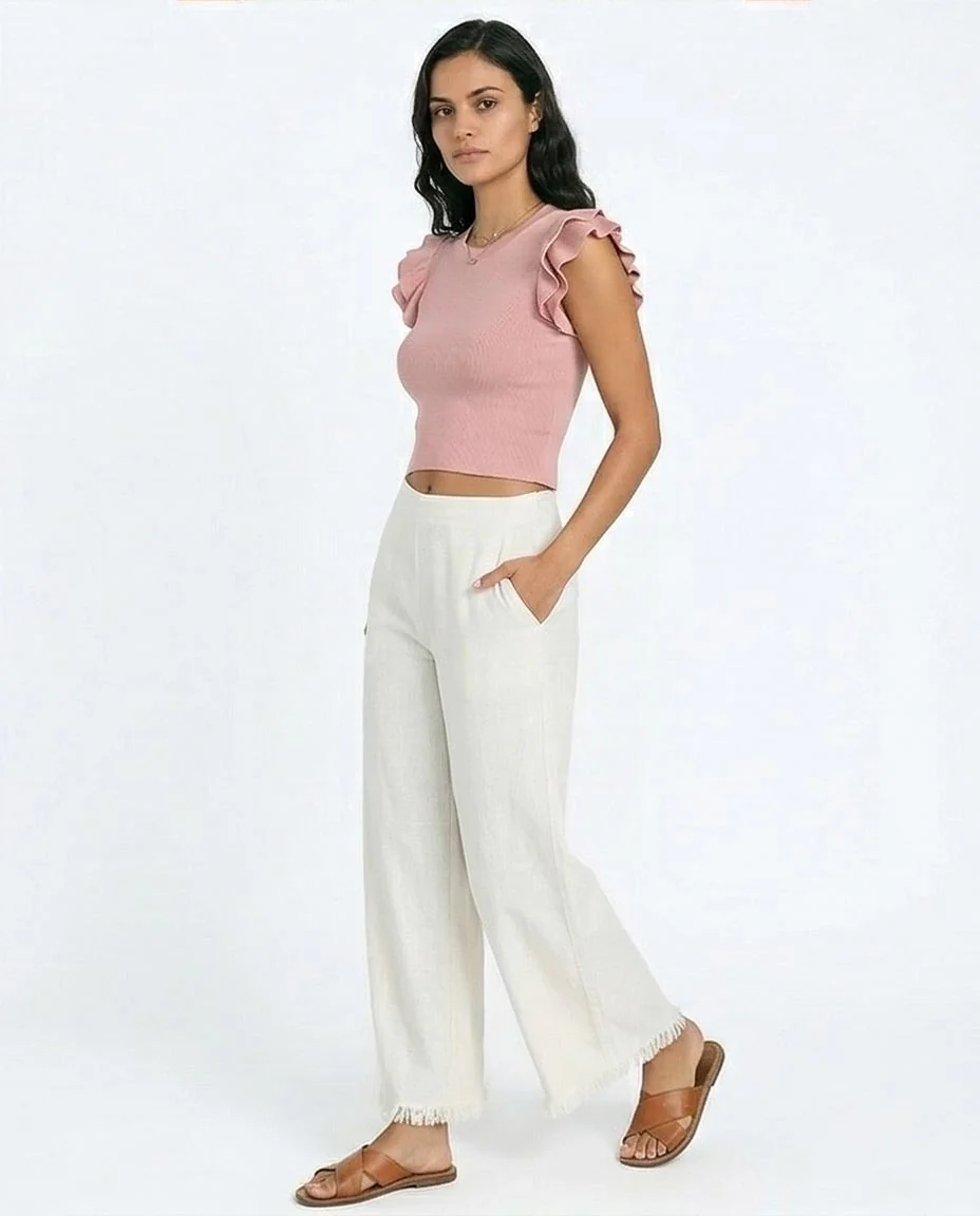 Ruffled Sleeves Crew Neck Top - Dusty Rose - R215800 - Image 4