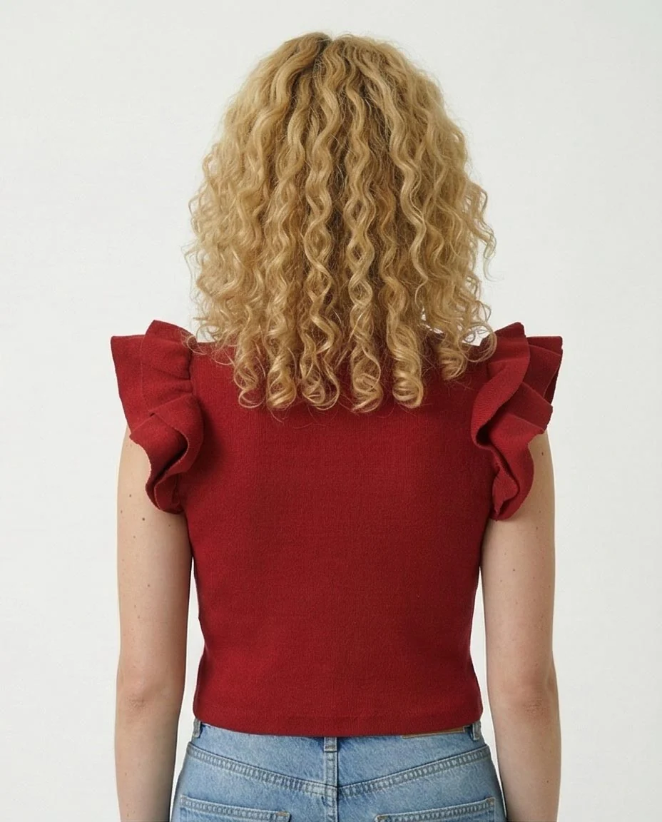 Ruffled Sleeves Feminine Crew Neck Top - Dark Red -R215801 - Image 2