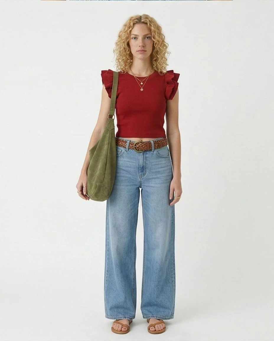 Ruffled Sleeves Feminine Crew Neck Top - Dark Red -R215801 - Image 4