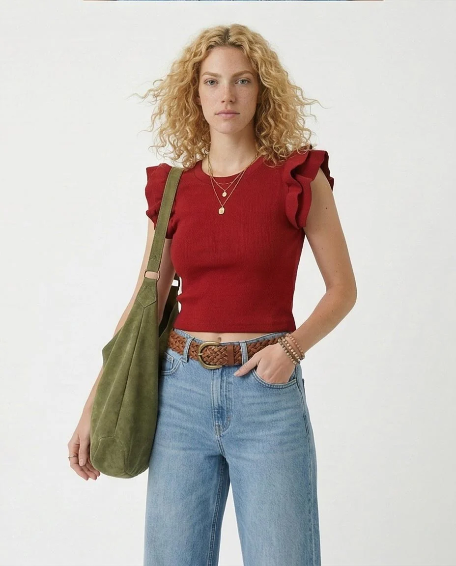 Ruffled Sleeves Feminine Crew Neck Top - Dark Red -R215801 - Image 5