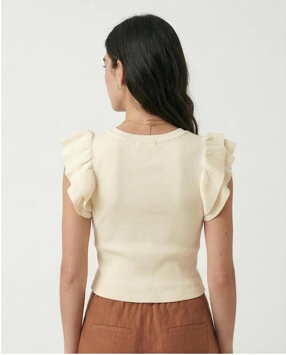 Ruffled Sleeves Feminine Crew Neck Top - Off-White - R215802 - Image 2