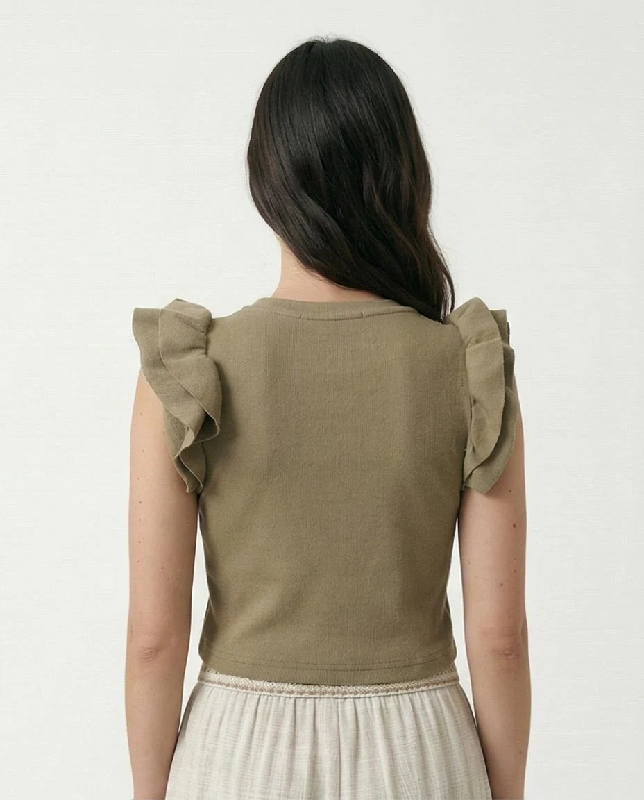 R215803 - Ruffled Sleeves Feminine Crew Neck Top - Pale Olive - Image 2