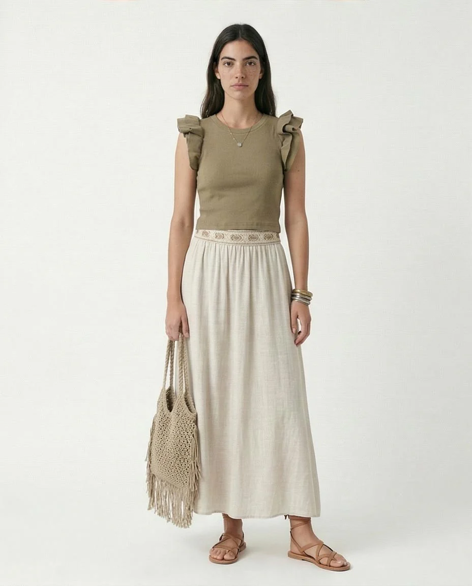 R215803 - Ruffled Sleeves Feminine Crew Neck Top - Pale Olive - Image 4