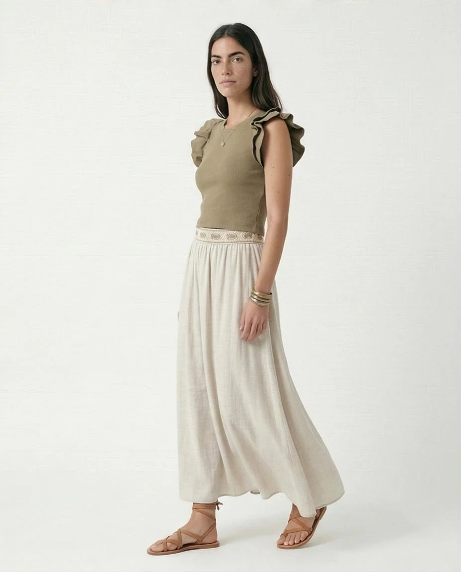 R215803 - Ruffled Sleeves Feminine Crew Neck Top - Pale Olive - Image 5