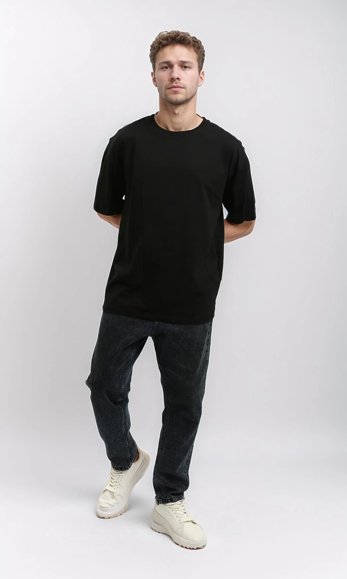R215861 - Elbow-Sleeves Solid Relaxed Basic Tee - Black - Image 4
